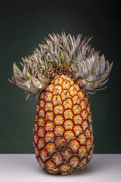 Close up of an upright standing pineapple with an extraordinary top that looks like a Mexican sombrero or Napoleon hat on a white surface against a dark green background - Фото, изображение