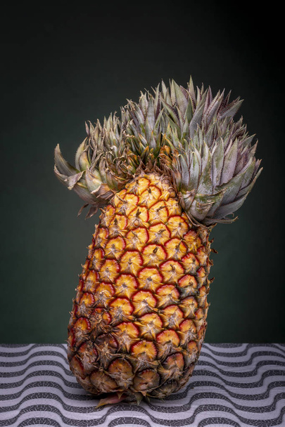 Close up of an upright standing slightly shifted pineapple with an extraordinary top that looks like a Mexican sombrero or Napoleon hat on a patterned surface against a dark green background - Фото, изображение