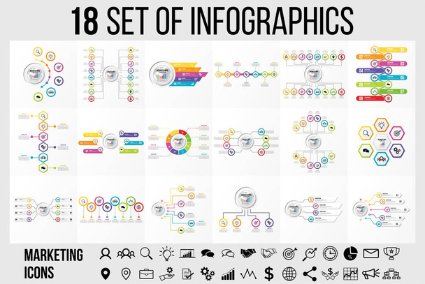 Elementi infografici vettoriali Template Design. Cronologia di visualizzazione dei dati aziendali con passaggi opzioni e icone di marketing
 - Vettoriali, immagini