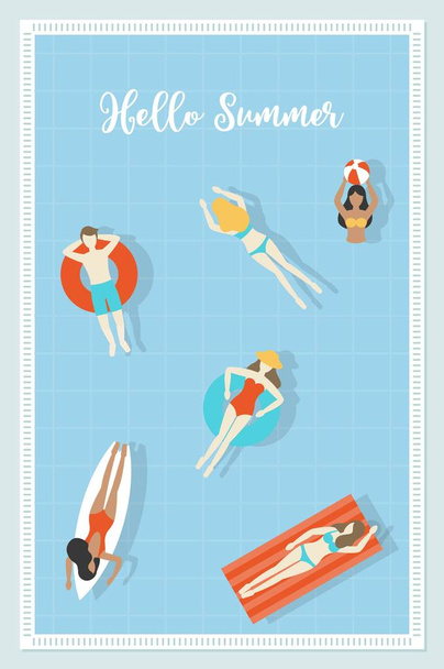 Γεια σας καλοκαίρι, οι άνθρωποι στην πισίνα διάνυσμα - Διάνυσμα, εικόνα