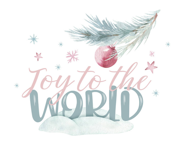Watercolor christmas joy to the world illustration. Christmas bell and merry chistmas quote, template for the design of posters, cards, invitations. New year illustration card. Isolated - Zdjęcie, obraz
