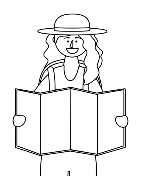 Toeristische meisje cartoon met tas ontwerp - Vector, afbeelding