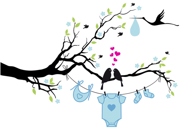 bebé niño con pájaros en el árbol, vector
 - Vector, imagen