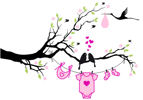 baby girl with birds on tree, vector - Vector, Image