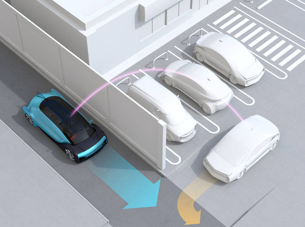 青いセダンは、車の事故を避けるために駐車場を出る車を検出しました。コネクテッドカーコンセプト。3D レンダリング イメージ. - 写真・画像