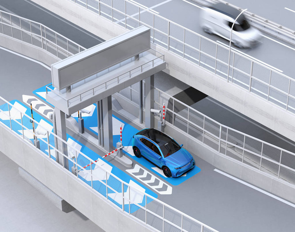 Blue SUV prochází mýtné bránou bez zastávky etc (elektronický výběr mýtného). obraz 3D vykreslování. - Fotografie, Obrázek