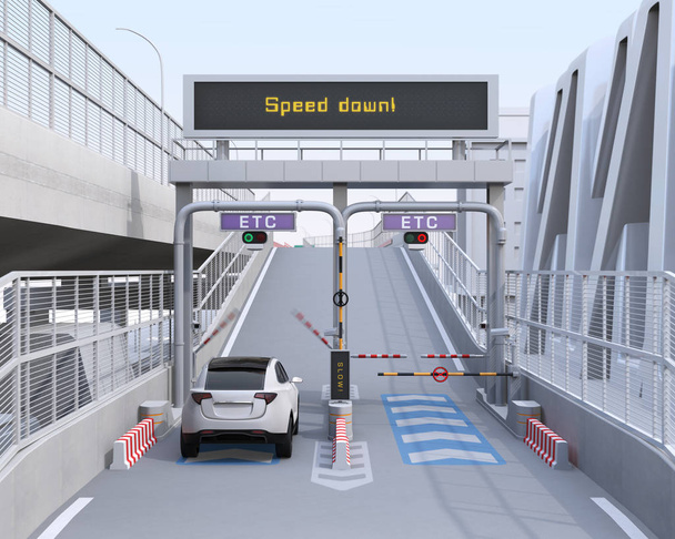 Witte SUV passeren Toll Gate zonder stop door etc (elektronische tolheffingssysteem). 3D-beeldweergave. - Foto, afbeelding