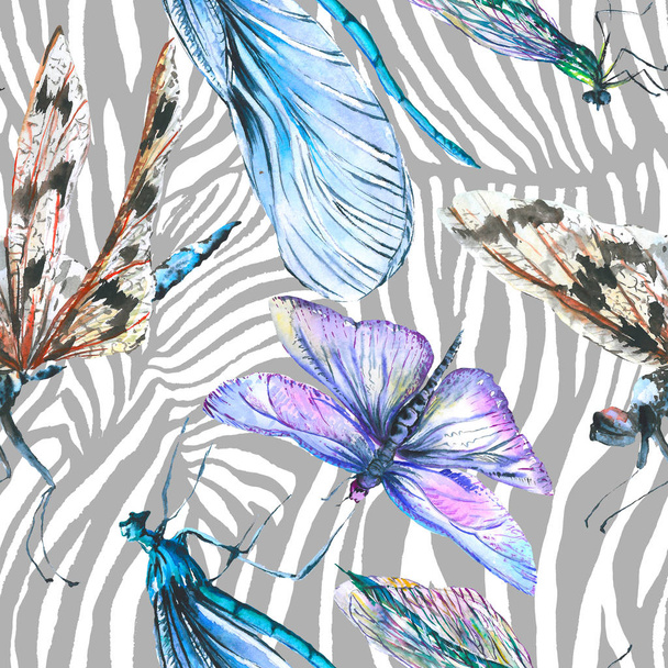 Exotic dragonfly wild insect. Watercolor background illustration set. Seamless background pattern. - Foto, Bild