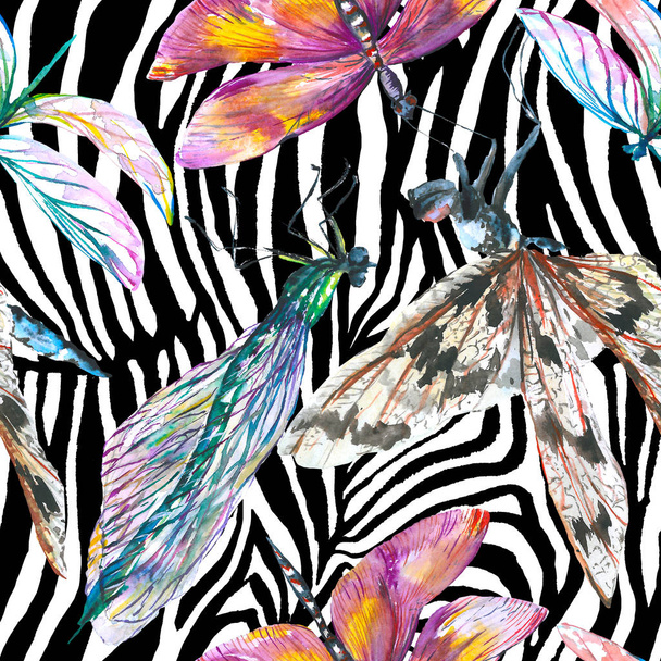 Exotic dragonfly wild insect. Watercolor background illustration set. Seamless background pattern. - Valokuva, kuva