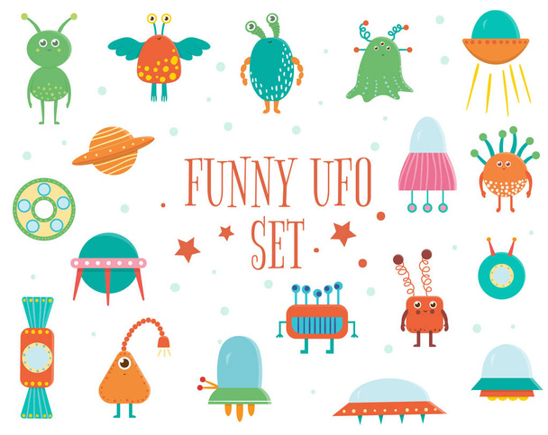 かわいいエイリアン、ufo、子供のための空飛ぶ円盤のベクトルセット - ベクター画像