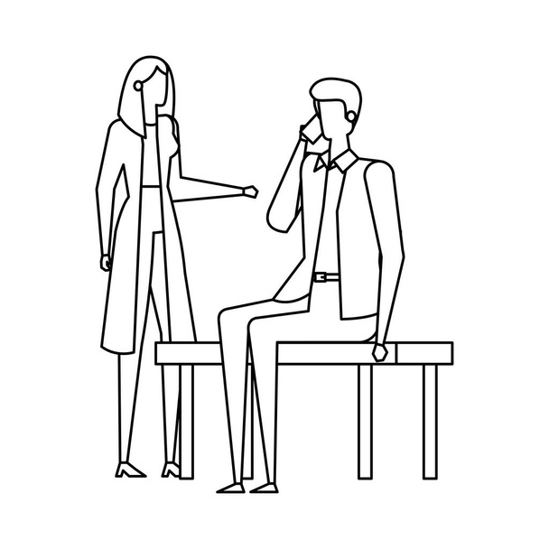 couple d'affaires appelant avec téléphone portable dans la chaise du parc
 - Vecteur, image