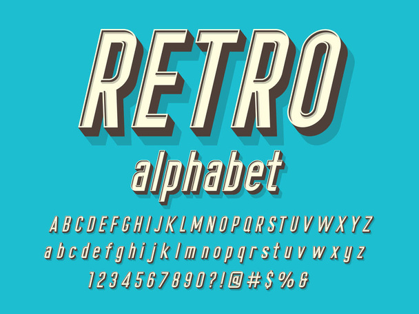 Projekt alfabetu w stylu retro z dużymi literami, małymi literami, liczbą i symbolami - Wektor, obraz