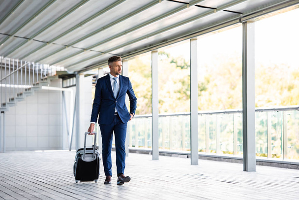 handsome and confident businessman in formal wear holding suitcase  - Фото, изображение