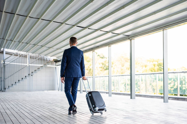 back view of businessman in formal wear holding suitcase  - Foto, afbeelding