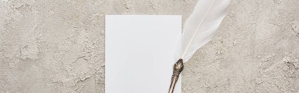 panoramic shot of quill pen on white card on grey textured surface - Photo, Image