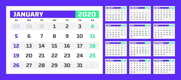 Ημερολόγιο για 2020 νέο έτος σε καθαρό ελάχιστο πίνακα απλό στυλ. - Διάνυσμα, εικόνα