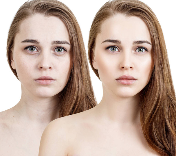Comparison portrait of young woman before and after retouch. - Foto, Imagen