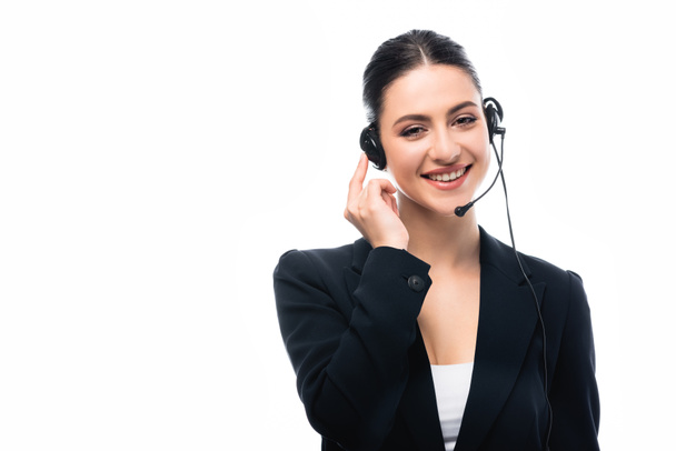 beautiful call center operator in headset smiling at camera isolated on white - Photo, Image