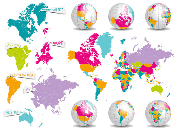 σύνολο των παγκόσμιων σφαιρών και χαρτών, απλά απεικόνιση διάνυσμα  - Διάνυσμα, εικόνα