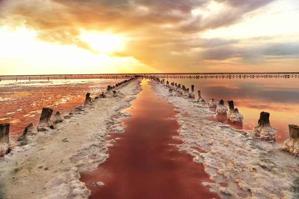 Lago de sal único com água rosa e sal ao pôr-do-sol. Linhas de colunas de madeira cobertas de cristais de sal
. - Foto, Imagem