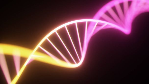 Catena del DNA al neon rotante. Luci ultraviolette fluorescenti. Stile fantascientifico. Moderno spettro di luce viola blu neon. Illustrazione 3d
 - Foto, immagini