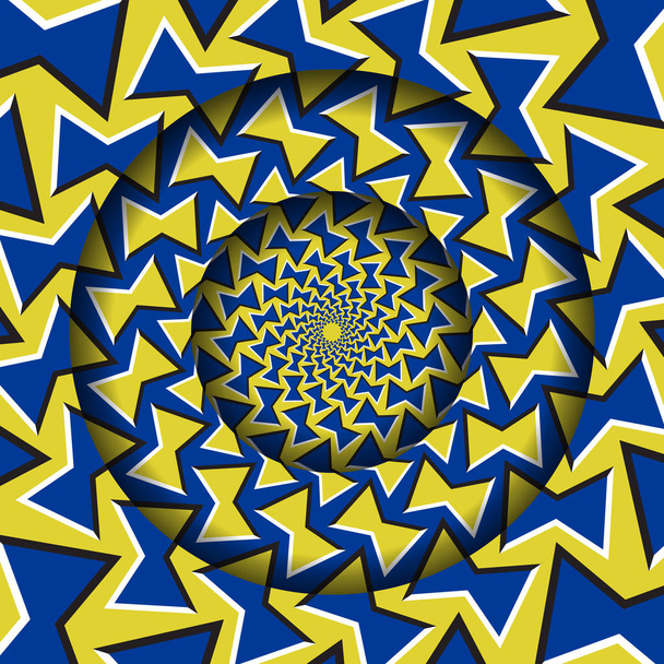 Marco redondo abstracto con un movimiento azul amarillo formas de arco pateador. Ilusión óptica fondo hipnótico
. - Vector, imagen