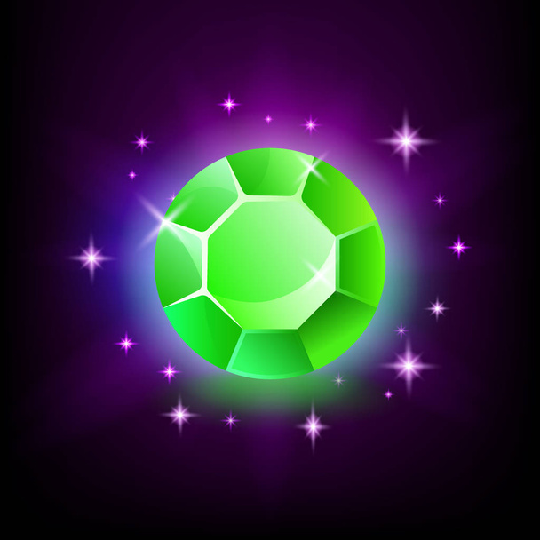 Pierre ronde verte émeraude brillante avec une lueur magique et des étoiles sur fond sombre illustration vectorielle
. - Vecteur, image