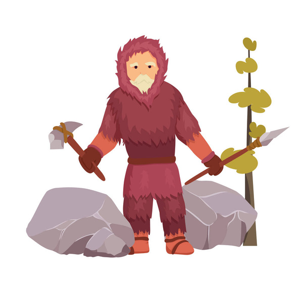 Noordelijke stenen tijdperk primitieve man goed gekleed in bont warme kleding met stenen hamer en speer. - Vector, afbeelding