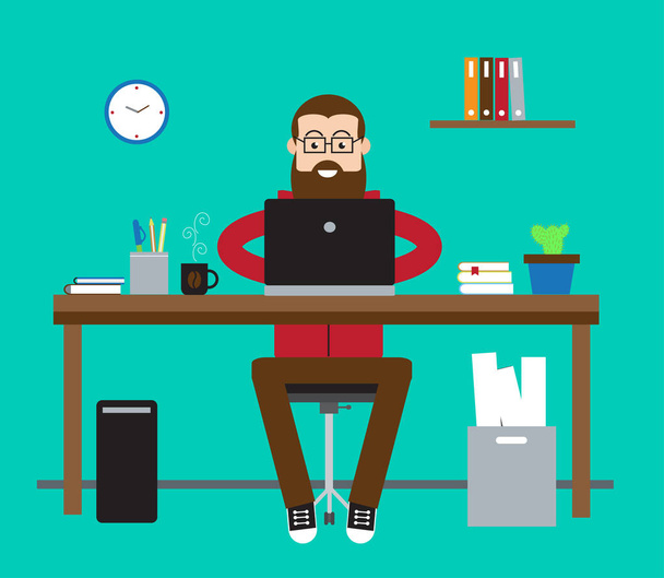 A man sits at a table and works on a laptop. Vector illustration. - Vector, Image