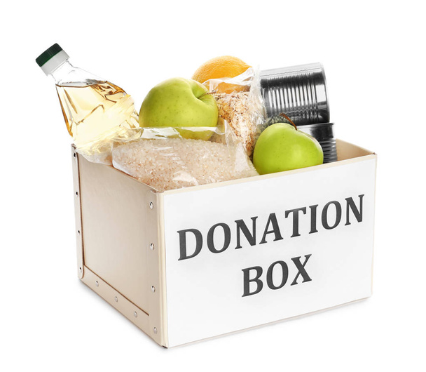 Laatikko, jossa lahjoitusruoka valkoisella taustalla
 - Valokuva, kuva