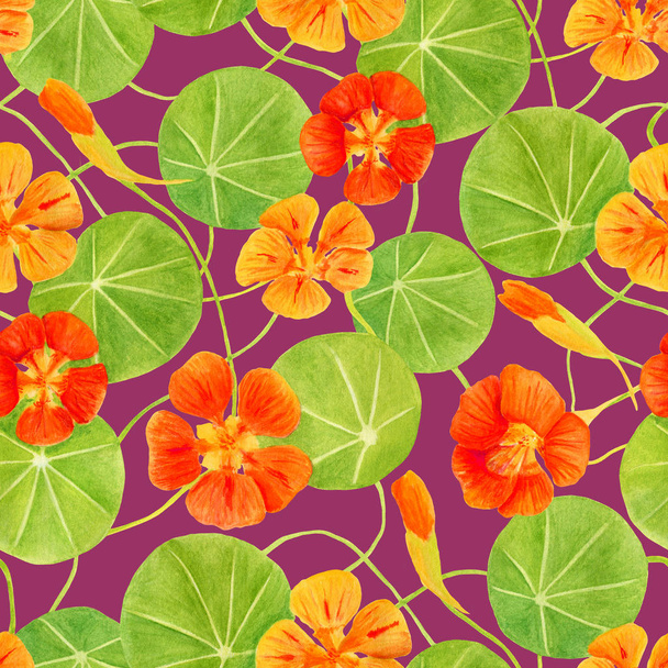 Red, orange, yellow nasturtium flowers and leaves seamless pattern. Hand drawn botanical watercolor illustration with garden flowers. Floral decoration for invitation, greeting cards, textile, print. - Photo, Image