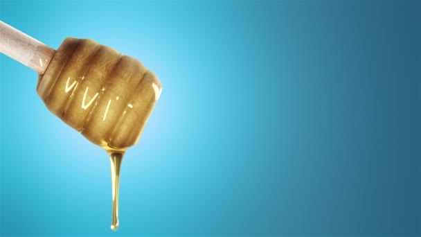 Miel goteando de cazo de miel sobre fondo blu
 - Imágenes, Vídeo