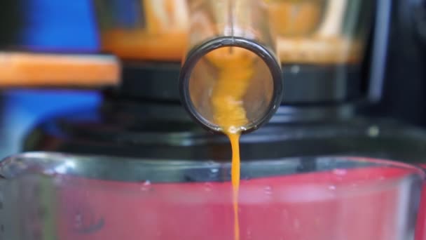 Juicer maakt vers geperst sap, close-up. - Video