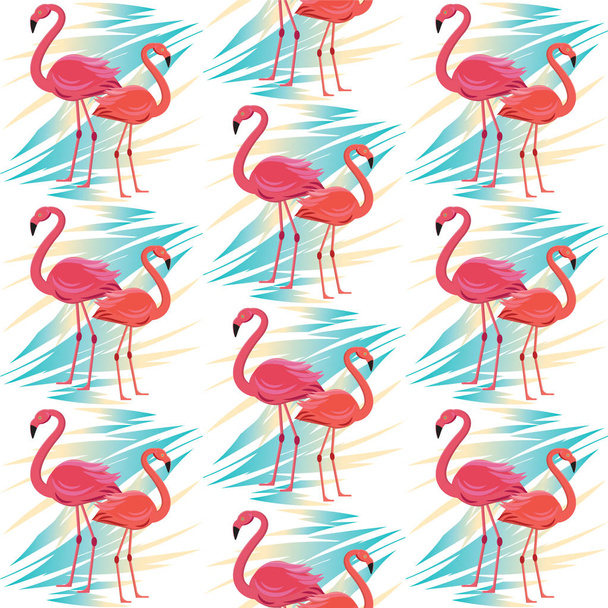Seamless vector pattern, banner with flamingo, tropical leaves exotic flower design for flyer, invitation, poster, website or greeting card. Flat style, vector illustration - Vecteur, image