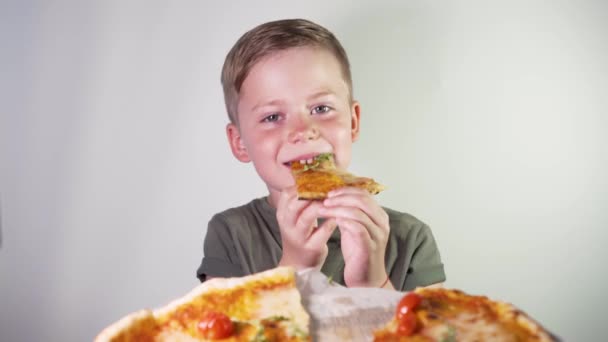 Rozkošný chlapec pojídáním pizzy s potěšením na bílém pozadí - Záběry, video