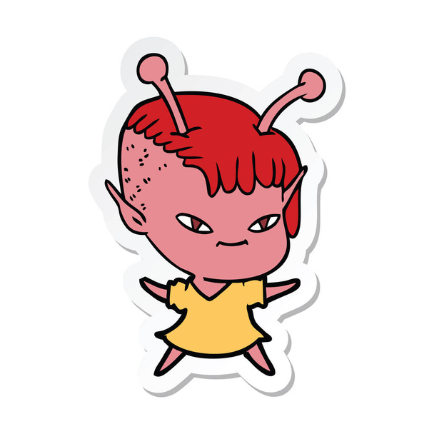 sticker of a cute cartoon alien girl - Διάνυσμα, εικόνα