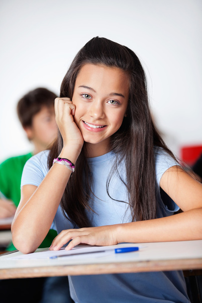 Happy Schoolgirl Sitting At Desk In Classroom - Photo, Image