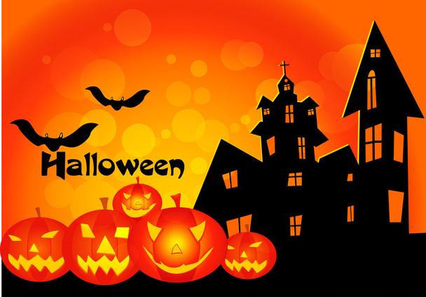 vector halloween achtergrond met vliegende vleermuizen, oude huis, pompoen - Vector, afbeelding