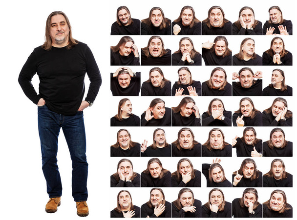 Conjunto de imágenes de un hombre de mediana edad. Diferentes emociones, collage. Aislado sobre un fondo blanco
. - Foto, imagen
