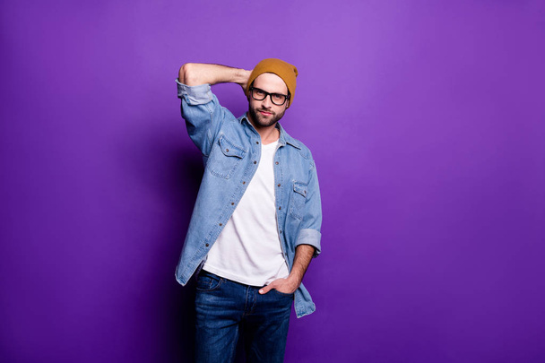 Portrait of his he nice attractive content virile brutal bearded guy posing modern lifestyle season clothing isolated over bright vivid shine violet lilac purple background - Foto, Imagem