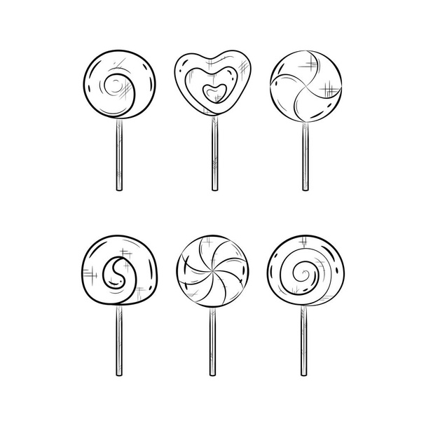 Black and white lollipop set icons. Simple line art. Swirl sweet lollipops. Vector illustration. - Vector, Image