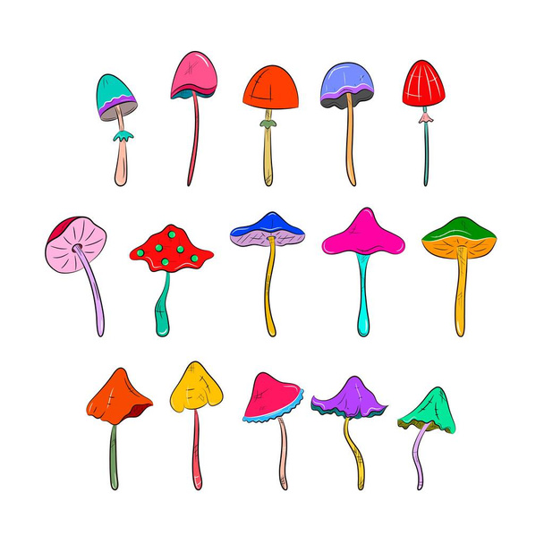 Cogumelos coloridos definir ícones. Desenhos animados ilustração vetorial. Cogumelos de fantasia alucinogénicos
. - Vetor, Imagem