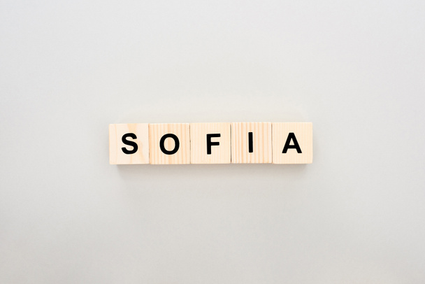 top view of wooden blocks with Sofia lettering on white background - Valokuva, kuva