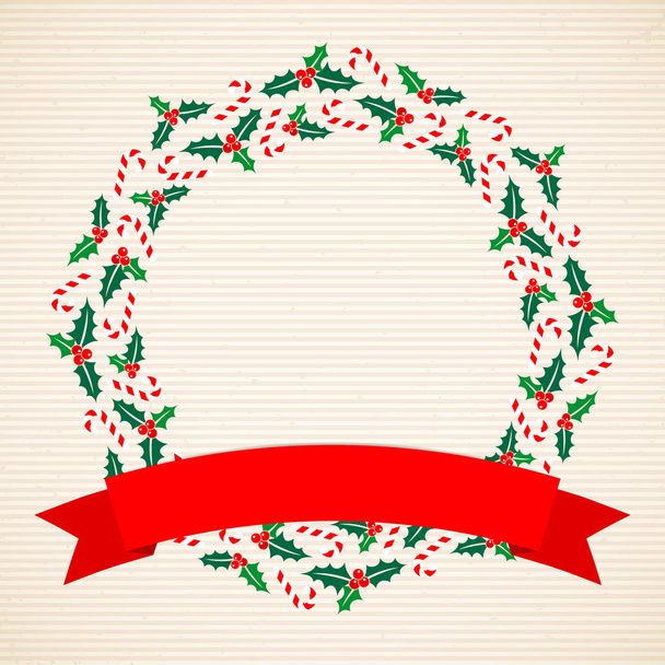Christmas Wreath Holly And Candy Cane Banner Horizontal Lines Beige - Vektori, kuva