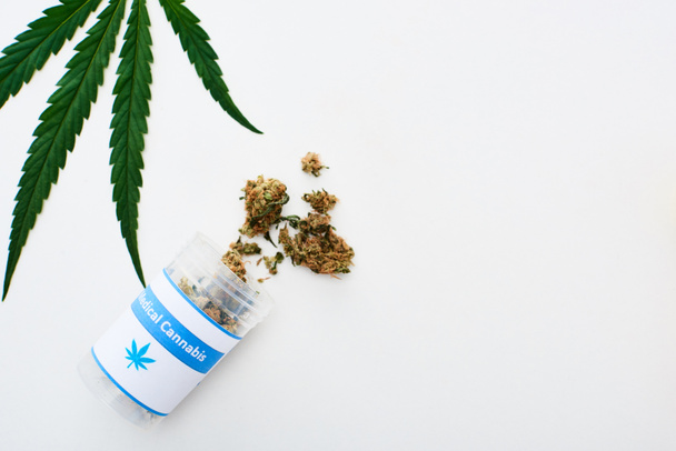 top view of green cannabis leaf and medical cannabis buds in bottle on white  - Foto, imagen