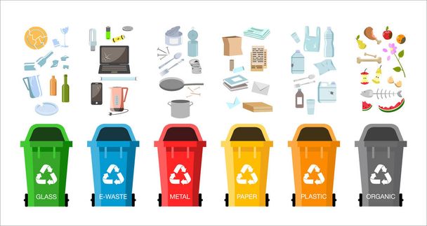 Concepto de gestión de residuos. Diferentes tipos de Residuos: Orgánicos, Plásticos, Metal, Papel, Vidrio, Residuos electrónicos. Separación de residuos en cubos de basura para reciclaje. Papeleras coloreadas con basura. Diseño plano vector
 - Vector, Imagen