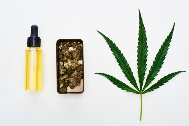top view of green cannabis leaf, cbd oil and marijuana buds in metal box isolated on white  - Foto, immagini