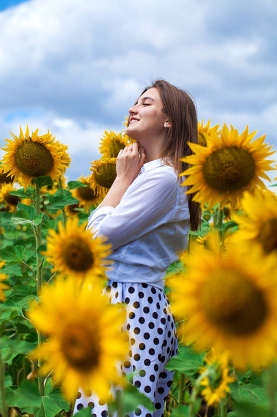 Portrait of a young beautiful girl in a field of sunflowers - Foto, immagini