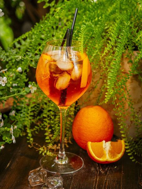 Orange aperol cocktail. On the summer terrace. Garden plants. Sunny day. Orange drink - Foto, Imagen