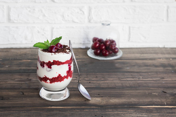 Trifle red velvet with cherry - Photo, Image